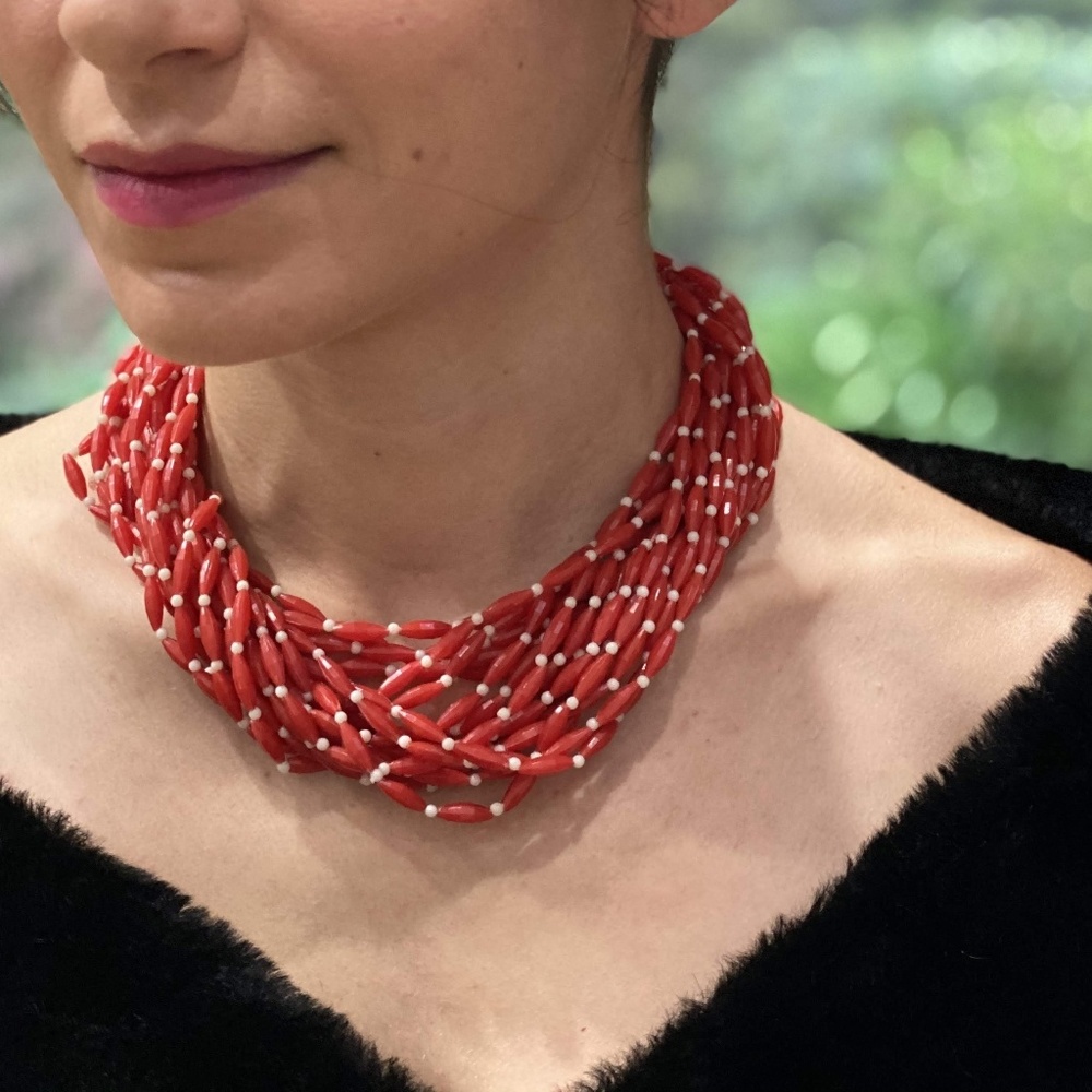 Vintage Red and White Beaded Necklace